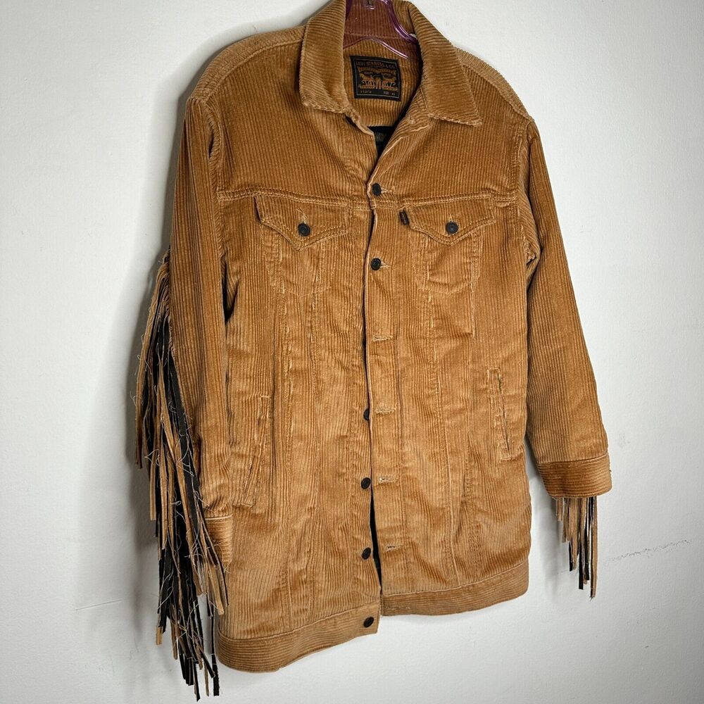 NWT Levis Karla Camel Tan Fringed Corduroy Long Trucker Button-Front Jacket XS - Picture 2 of 16